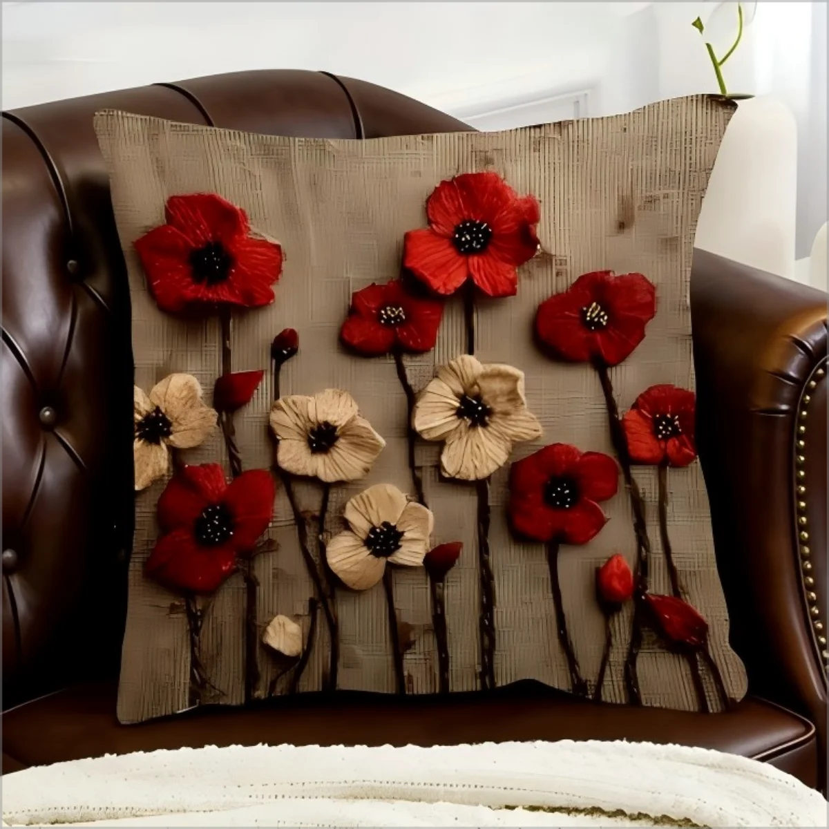 Double Sided Vintage 2D Red Poppy Flower Pillow Cover Rustic Oil Painting Floral Print Soft Throw Pillow Case for Home Decor