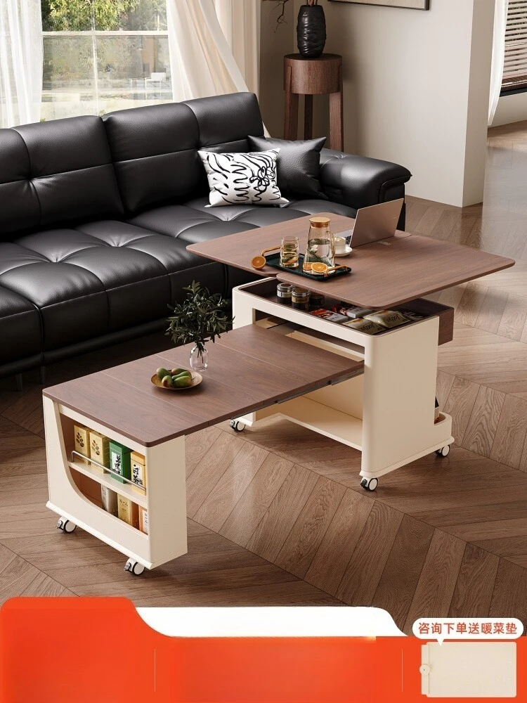 Movable coffee table living room household small apartment medieval cream wind liftable folding trolley sofa side table