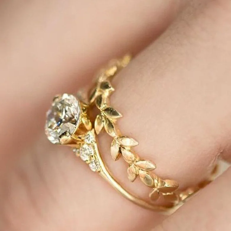 New simple yellow-gold tree leaf flower vine grape branch 925 silver ring, female engagement ring