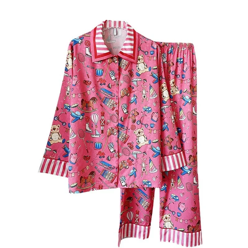 2024 New Arrival Pajamas Women\'s Spring and Autumn Ice Silk Cute Cartoon Casual Fashion Girly Style Home Clothes suit Wearing