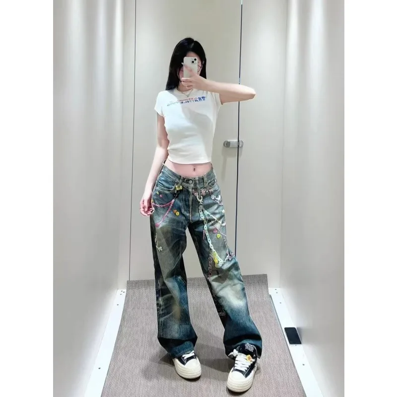 

New American vintage hip-hop 3D pattern loose jeans for both men and women featuring Harajuku gothic Y2K style wide-leg pants