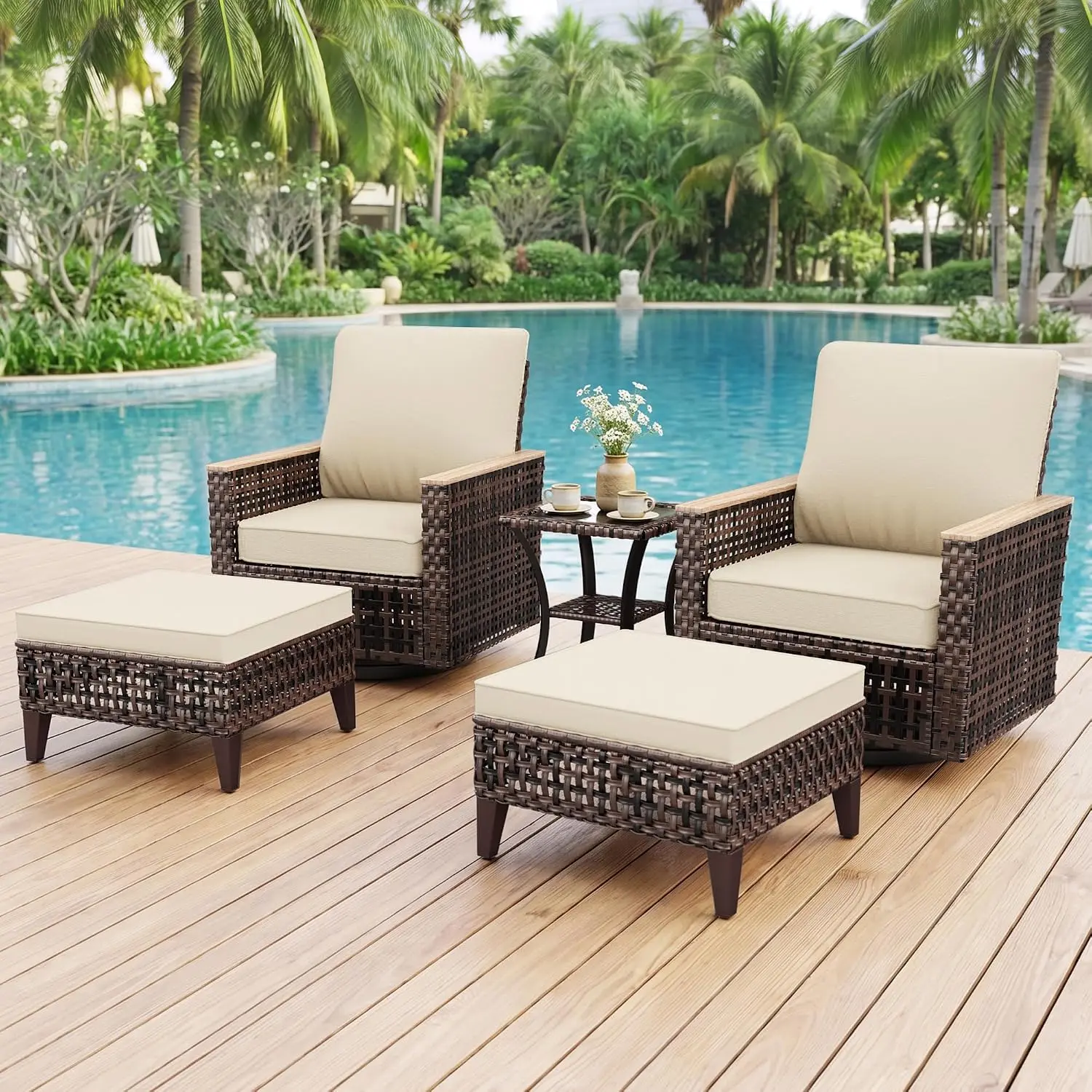 5 Pieces Patio Swivel Chairs Outdoor Bistro Set Wicker PE Rattan, Customized