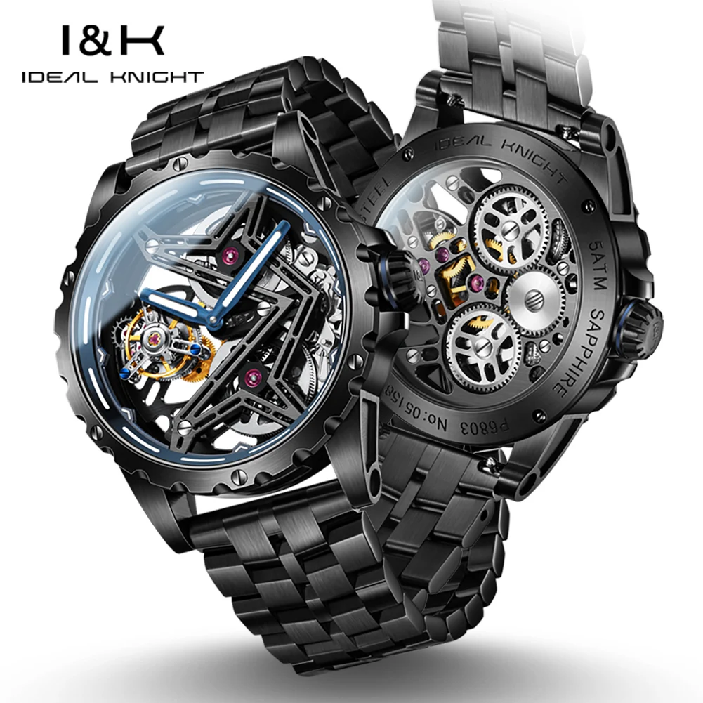 IDEAL KNIGHT 6802 Automatic Mechanical Tourbillon Watch Men Waterproof Luminous Watch 44mm Big Dial Wristwatch