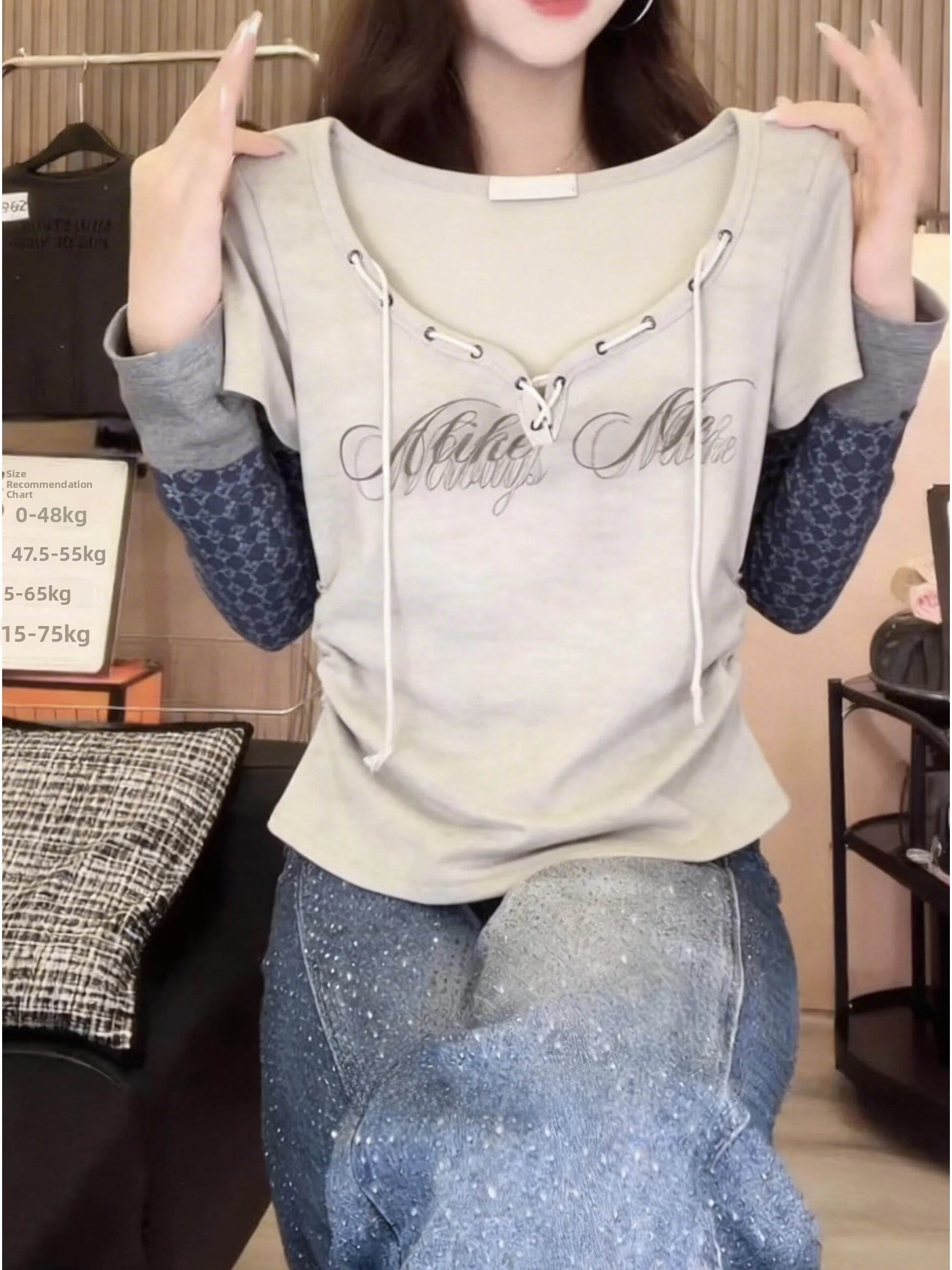 

Outlet Store Tagless Spicy V-neck Drawstring Short Sleeve T-shirt Women's Letter Print Slimming Versatile Top Casual Style