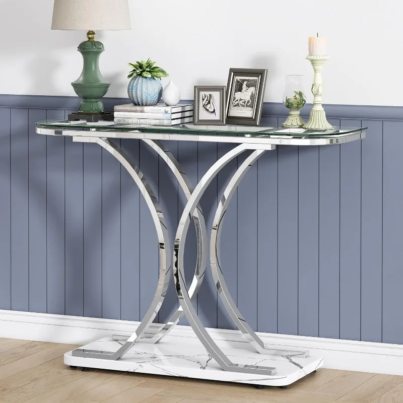 Silver Glass Console Tables for Entryway,Glass Entryway Table with Curved Frames and Marble Base, Modern Entrance Table Sofa