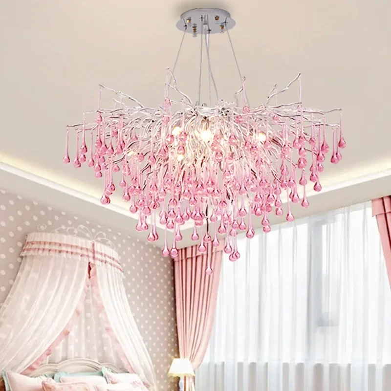 Pink Crystal Chandelier Light Luxury Net Red Bedroom Lamp Girl Heart Colorful Girl Room French Light Luxury Princess Light