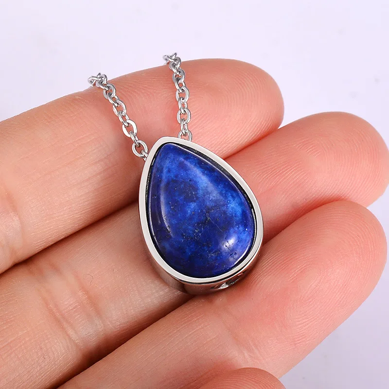 Classic Waterdrop Shaped Urn Necklace Inlaid Natural Stone Cremation Pendant for Ashes Memorial Keepsake Jewelry