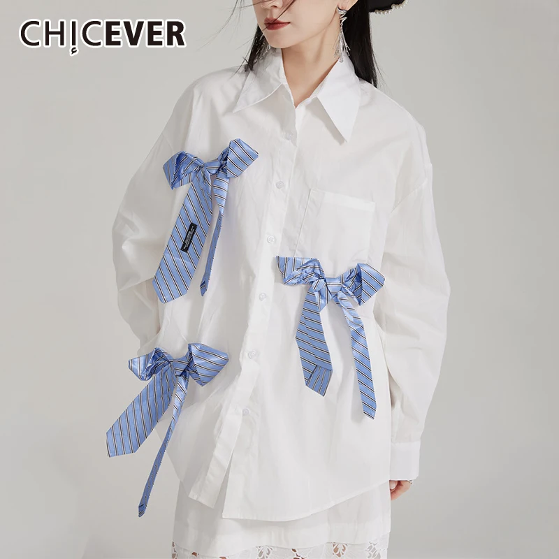 CHICEVER Spliced Striped Bowknot Blouse For Women Lapel Long Sleeve Patchwork Pocket Casual Colorblock Shirt Female Clothing New