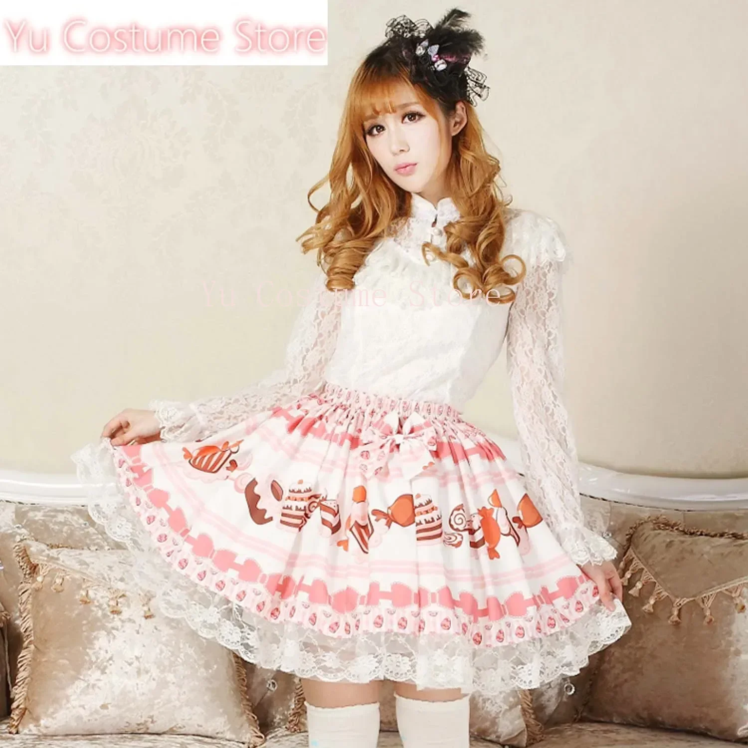 

Sweet Pink Lolita Short Skirt Cake Ice Cream Print Lace Trim Yu Costume