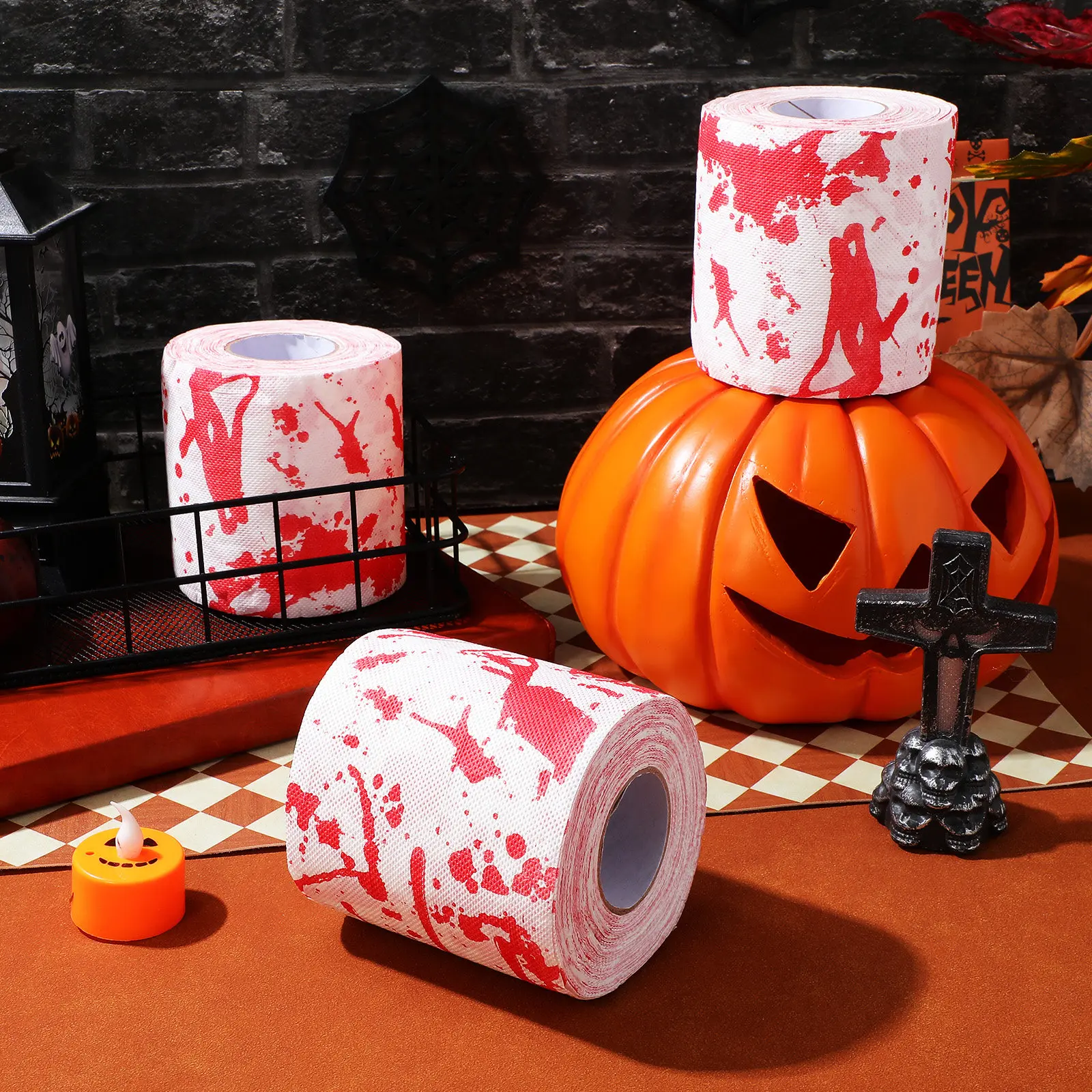 3 Rolki Papieru Toaletowego z Motywem Halloween, Papierowe Ręczniki do Łazienki, Horror, Krwawe, Rekwizyty do Psikusów, Prezenty na Halloween, Gadżety