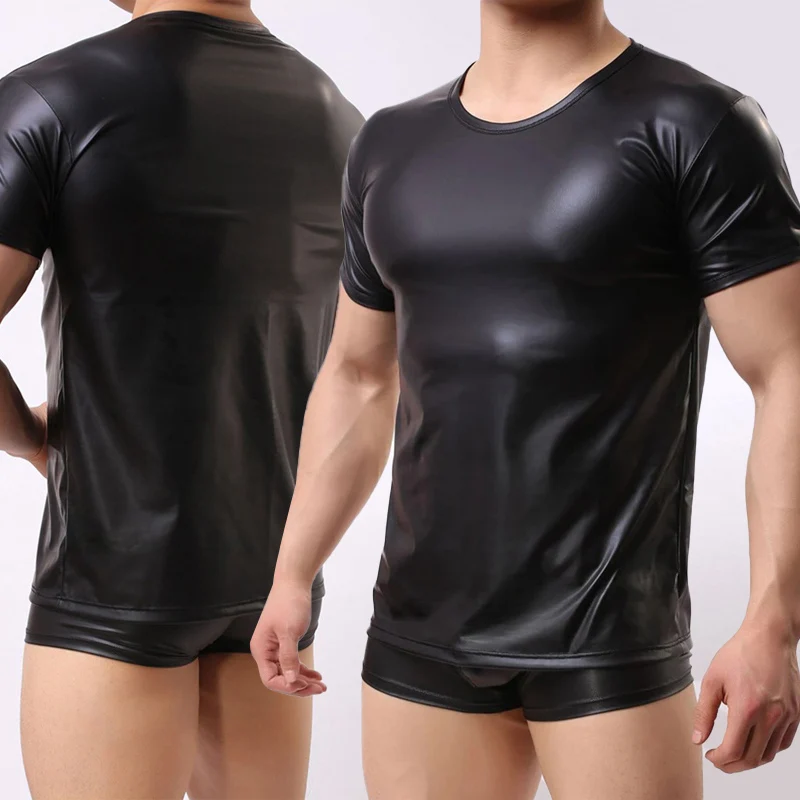 Sexy Men's Faux Leather Black T-Shirt Slim Tight Tops Short Sleeve  Tees Men Wet Look Latex Nightclub Catsuit PVC T Shirts