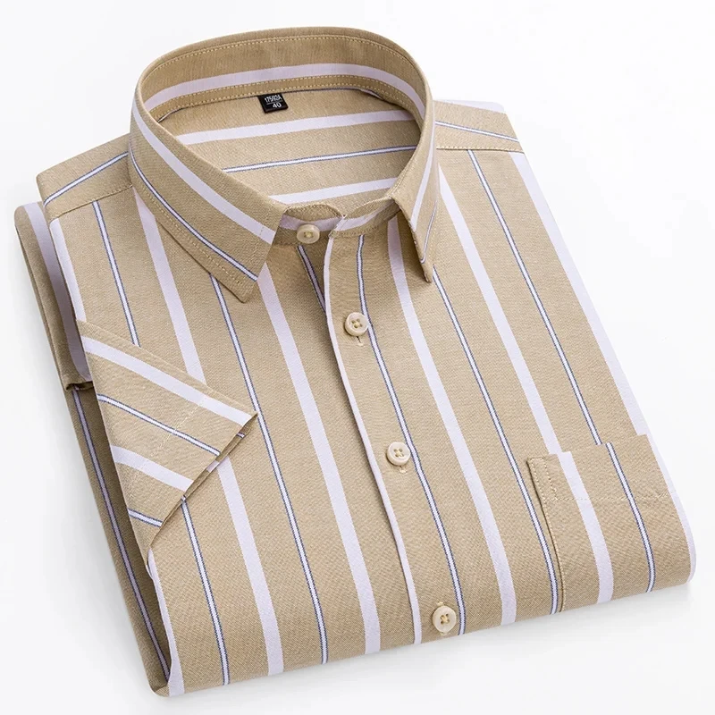 Qualità 100% puro cotone Oxford camicia a righe da uomo maniche corte Regular Fit uomo tasca Casual camicia per il tempo libero camicetta maschile