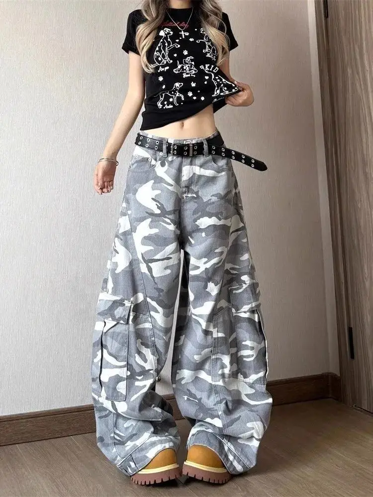 

Vintage American Street Camo Cargo Pants Women Washed Multi Pocket Loose Wide Leg Straight High Waist Casual Vibe Style Pants