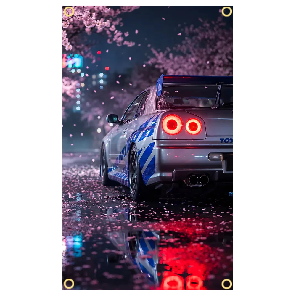 3x5 Ft Car GTR Night Cherry Blossoms Flag Vivid Color and Fade proof Flags Polyester Bar Decoration Room Dormitory