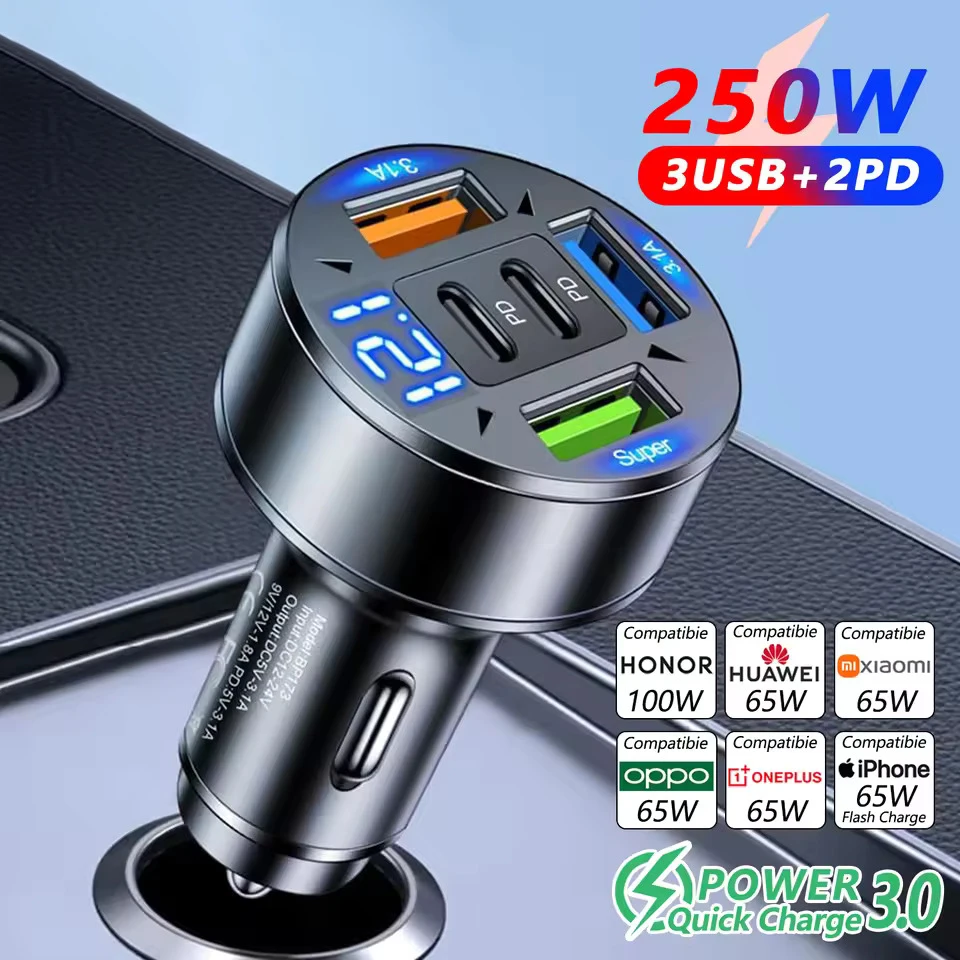 250W 5-Port USB-Autoladegerät, schnelles Laden, PD QC3.0 USB-C-Autoladegerät mit Spannungsanzeige für iPhone, Samsung, Huawei, Xiaomi