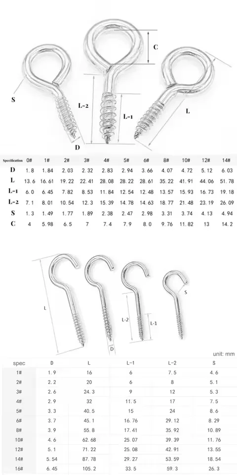 O/C Type Blue Zinc/Copper Plated 0~14# Carbon Steel Eye Hooks / Ring Pack Wood Self-tapping Screw