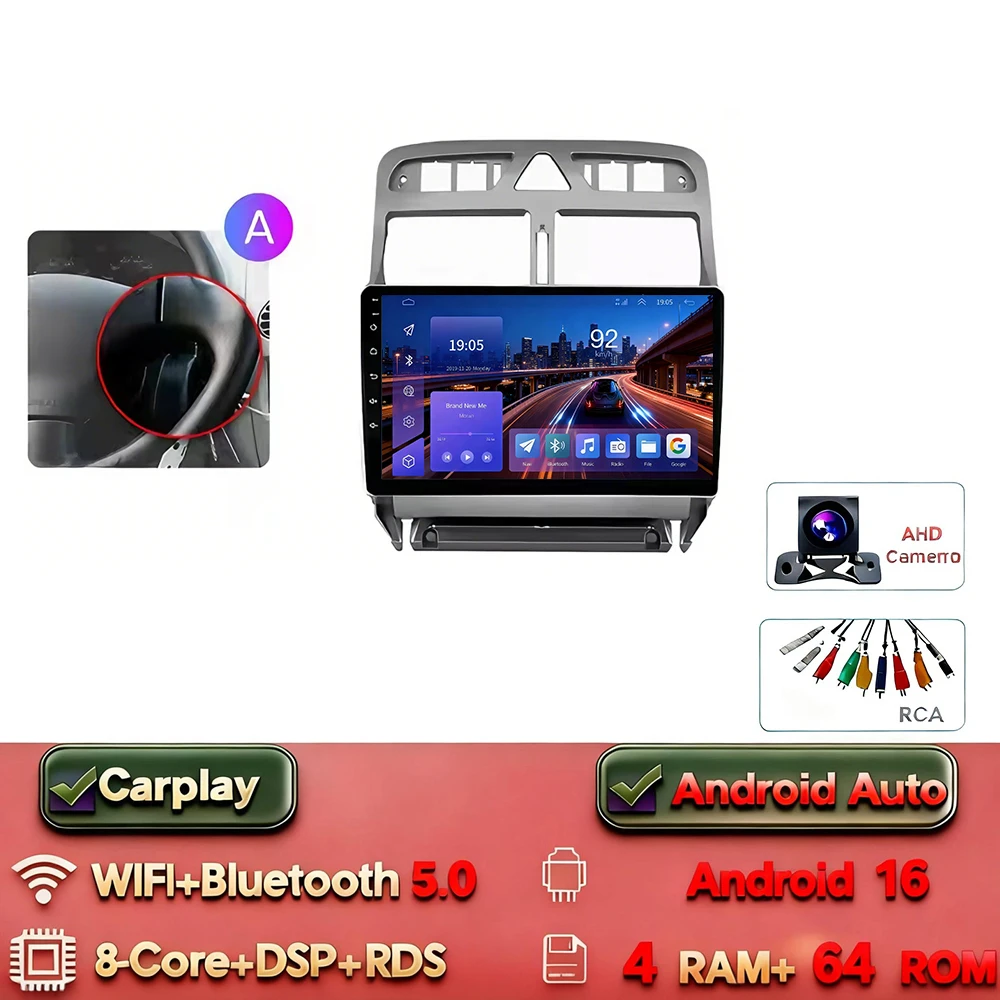 Android 16 Carplay Android Auto 2din Autoradio voor Peugeot 307 307CC 307 SW 2004-2013 4G WIFI GPS DSP BT Touchscreen Multimedia - afbeelding 1