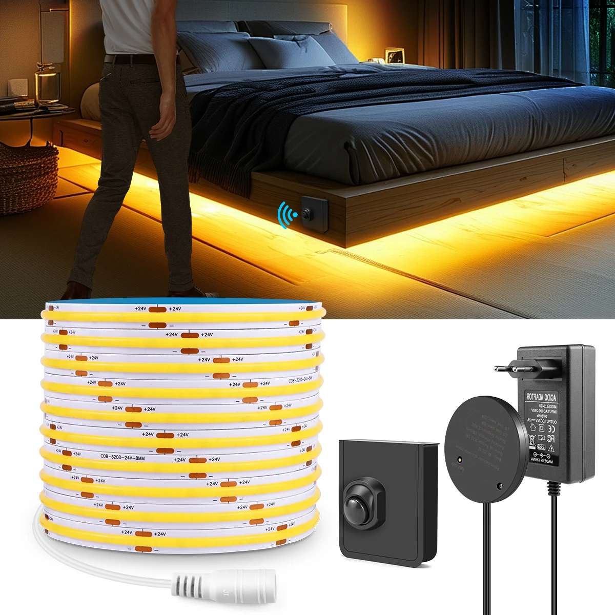 Portable Wireless RF PIR Motion Sensor COB LED Strip Light 24V DIY Bedroom Under Bed Corridor Cabinet Closet Path Night Lighting