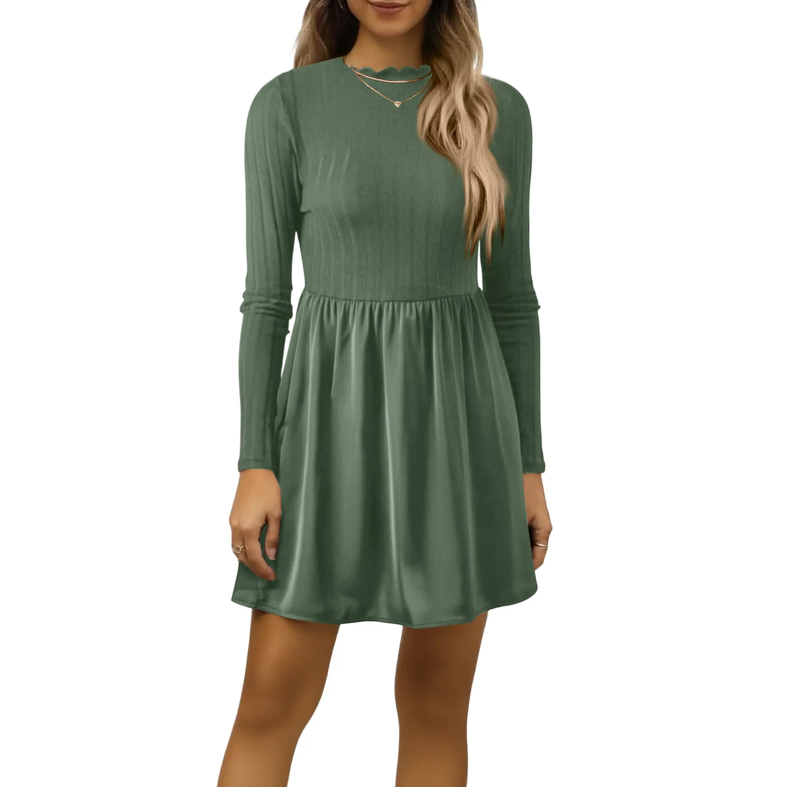 الربيع/الخريف سترة المرقعة فستان المرأة موضة تكدرت طوق فستان بأكمام طويلة الصلبة عادية تنوعا فساتين قصيرة #1