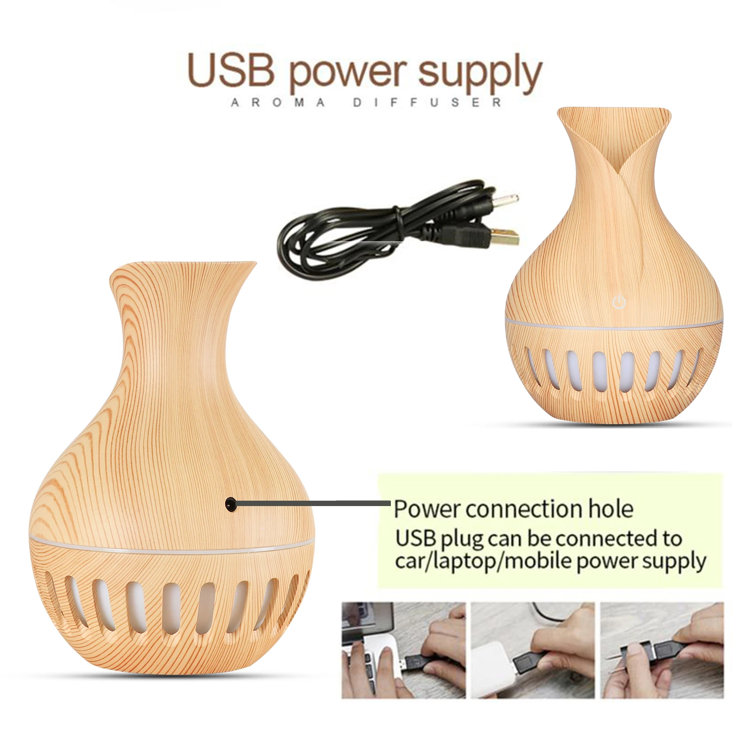 Umidificatore d'aria Aroma essenziale diffusore di olio ultrasuoni grano di legno umidificatore USB Mini nebulizzatore luce a LED
