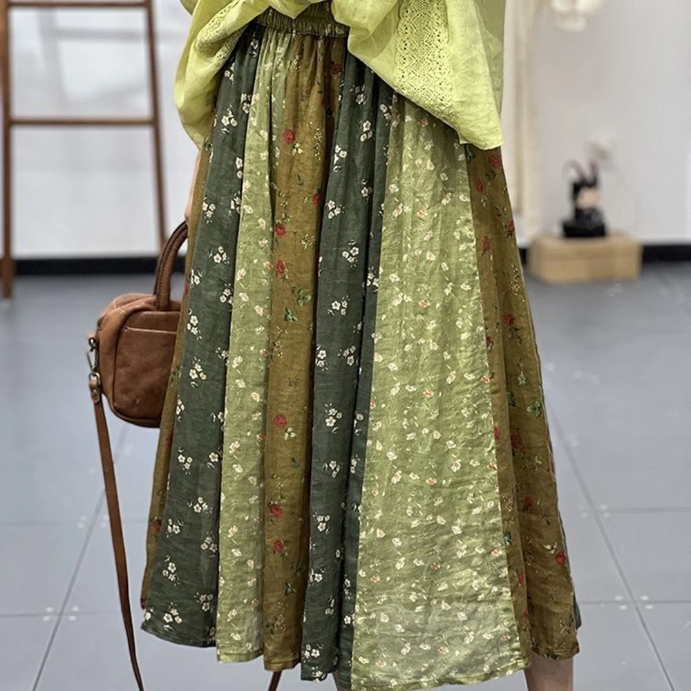 Japanese Mori Girl Long A Line Elastic Waist Women Cotton Linen Print Flower Brown Green Spring Autumn Skirts