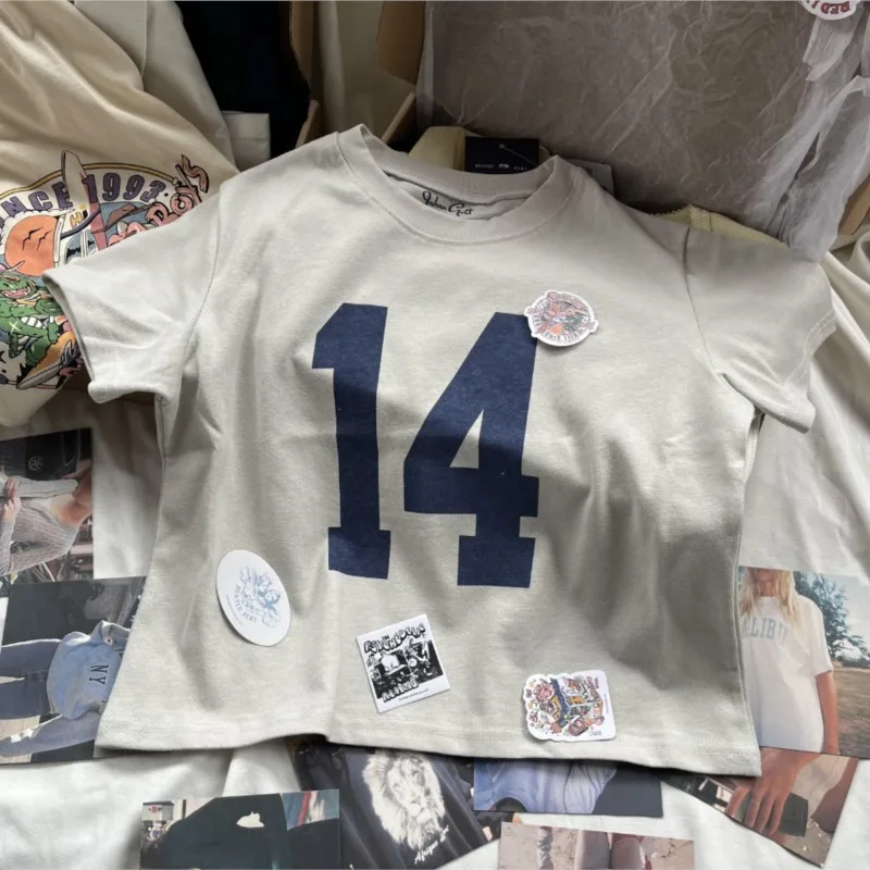 Number 14 Letter Print Slim Chic Women Tshirts Female Round Neck Short White Gray Y2K Streeetwear Summer Sleeve Tees Tops Woman