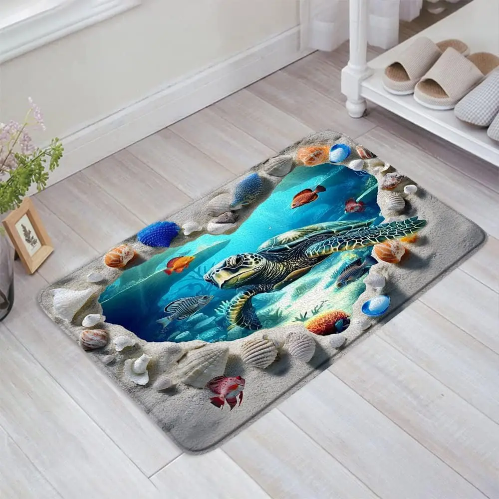Sea Turtle Bath Mat Bathroom Rug, Ocean Beach Shell Underwater World Tropical Fish Summer Memory Living Room Soft Floor Rug