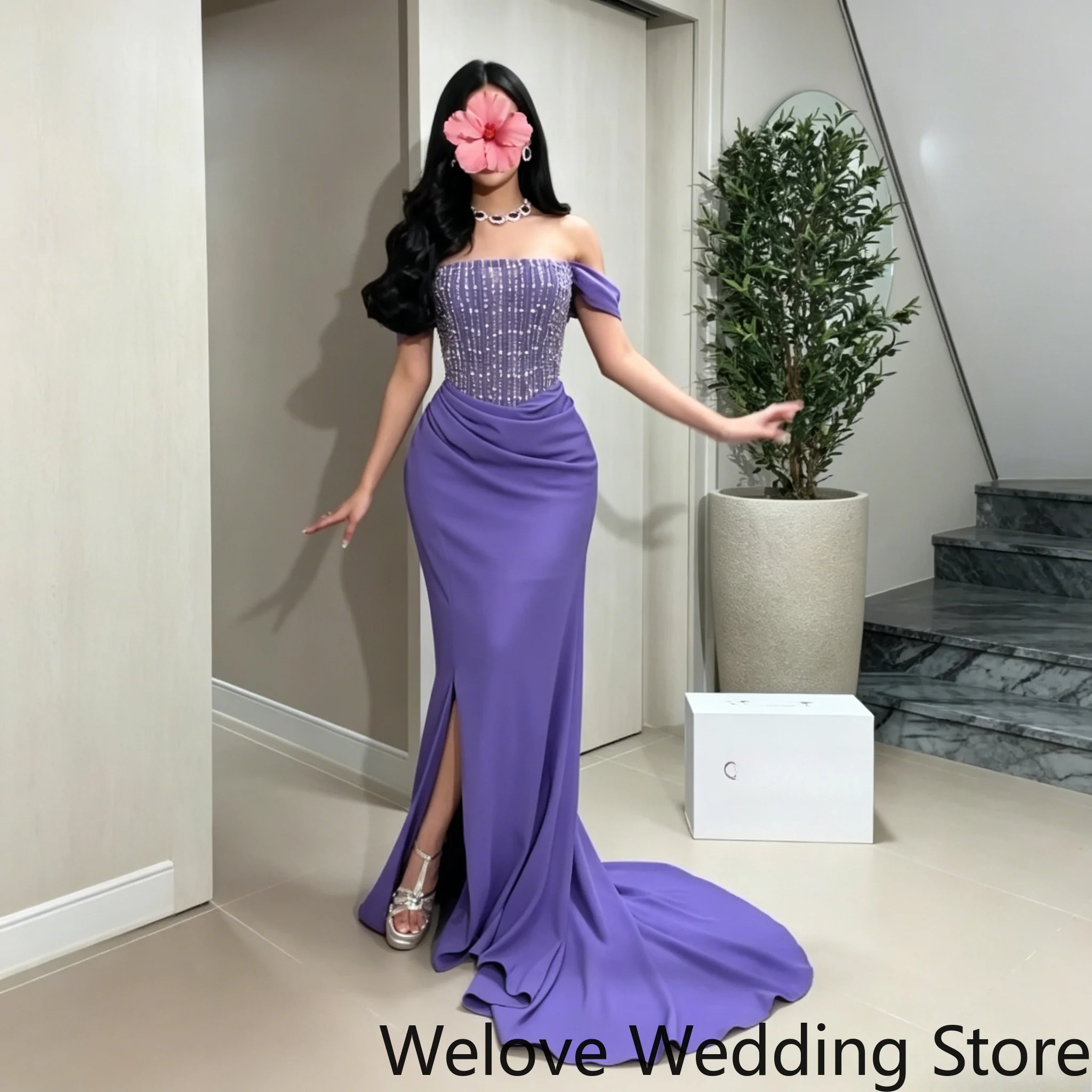 Customized Elegant Soft Lilac Mermaid Evening Gown Featuring Ruffle Sleeve Vertical Rhinestone See-Through Mesh Corset Bodice