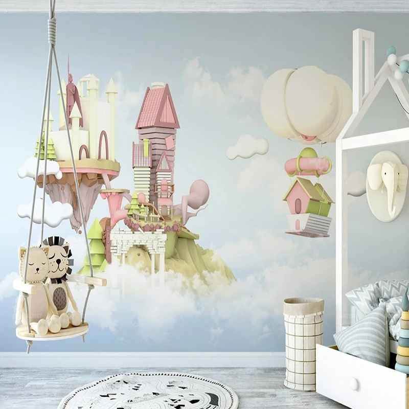 

Custom Wall Cloth 3D Castle Balloon Fantasy Blue Sky White Clouds Wallpaper Children's Room Bedroom Background Wall Decor Mural