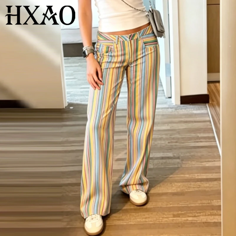 HXAO Regenbogenfarbene gestreifte Damenhose, Sommermode, Baggy-Hose mit niedriger Taille, weites Bein, gerade geschnittene, lockere Streetwear-Hose