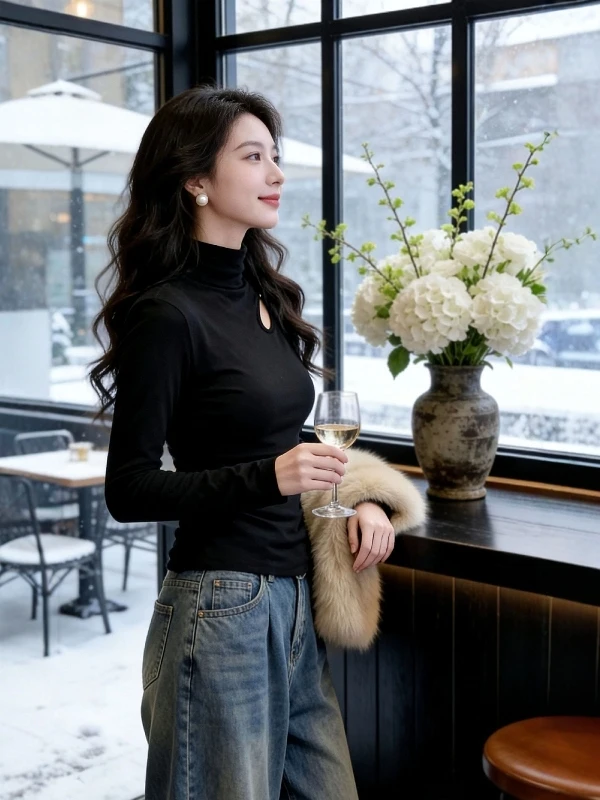 Korean Style Women's Long Sleeve T-Shirt Hollow out Half High Collar Fleece Lined Brushed Spring plus Size Slimming Top