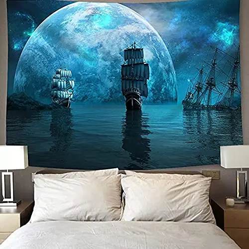 Nautical Tapestry Old Pirate Ship in The Sea Historical Cruise Retro Voyage Grunge Style Art Tapestries Wall Hanging Dorm Decor