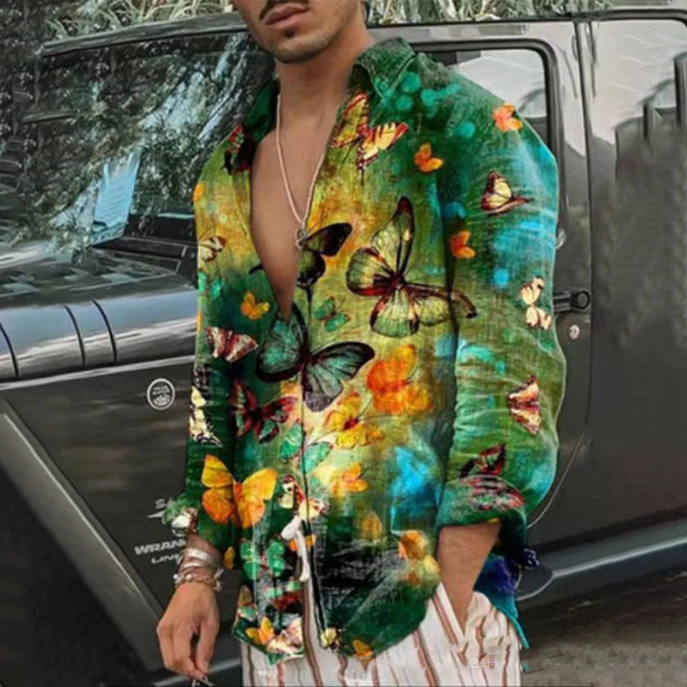 Mens Casual Baroque Butterfly Printed Hawaiian Shirt Long Sleeve Beach Blouse Button Down Shirts Oversized Tee Tops Party Dress