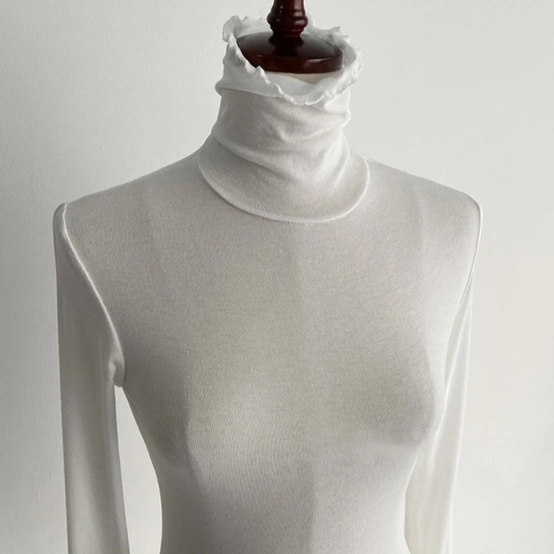 Klassische Feste Lange Hülse Dünne T-shirt Frauen Frühling Dünne Bequeme Rollkragen T-shirts Sexy Vielseitig Rüschen Rand Basis Schicht Top