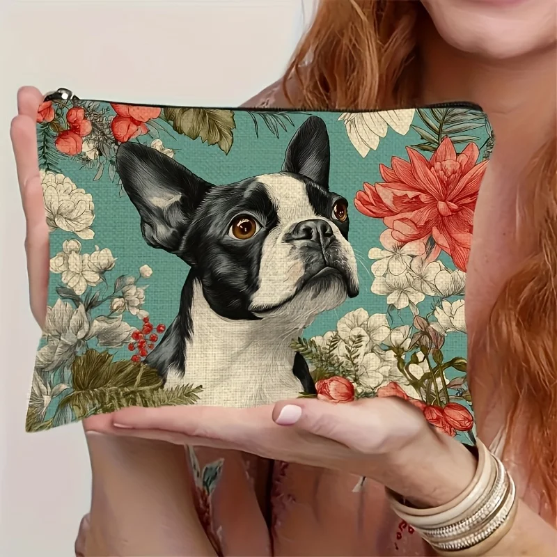 1pc Boston Terrier Floral Print Makeup Bag,Cosmetic Pouch,Perfect for Daily,Travel,Makeup Storage,A Delicate Gift for Dog Lovers
