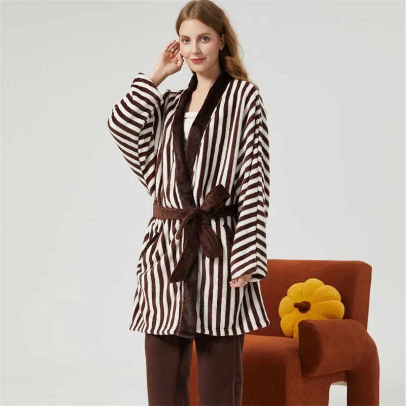 

Dark Brown Kimono Top Pants Warm Coral Fleece Pajamas Suit Winter Autumn New Sleepwear Lady Nightwear Comfortable Homewear