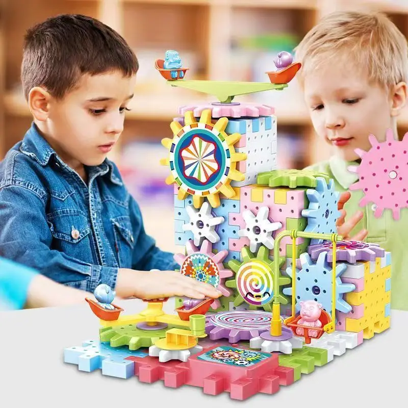 Kids Electric Gear Building Toy Set Motorized Spinning Gears Set Gear Rail Car Big Building Blocks STEM Construction Toy Set