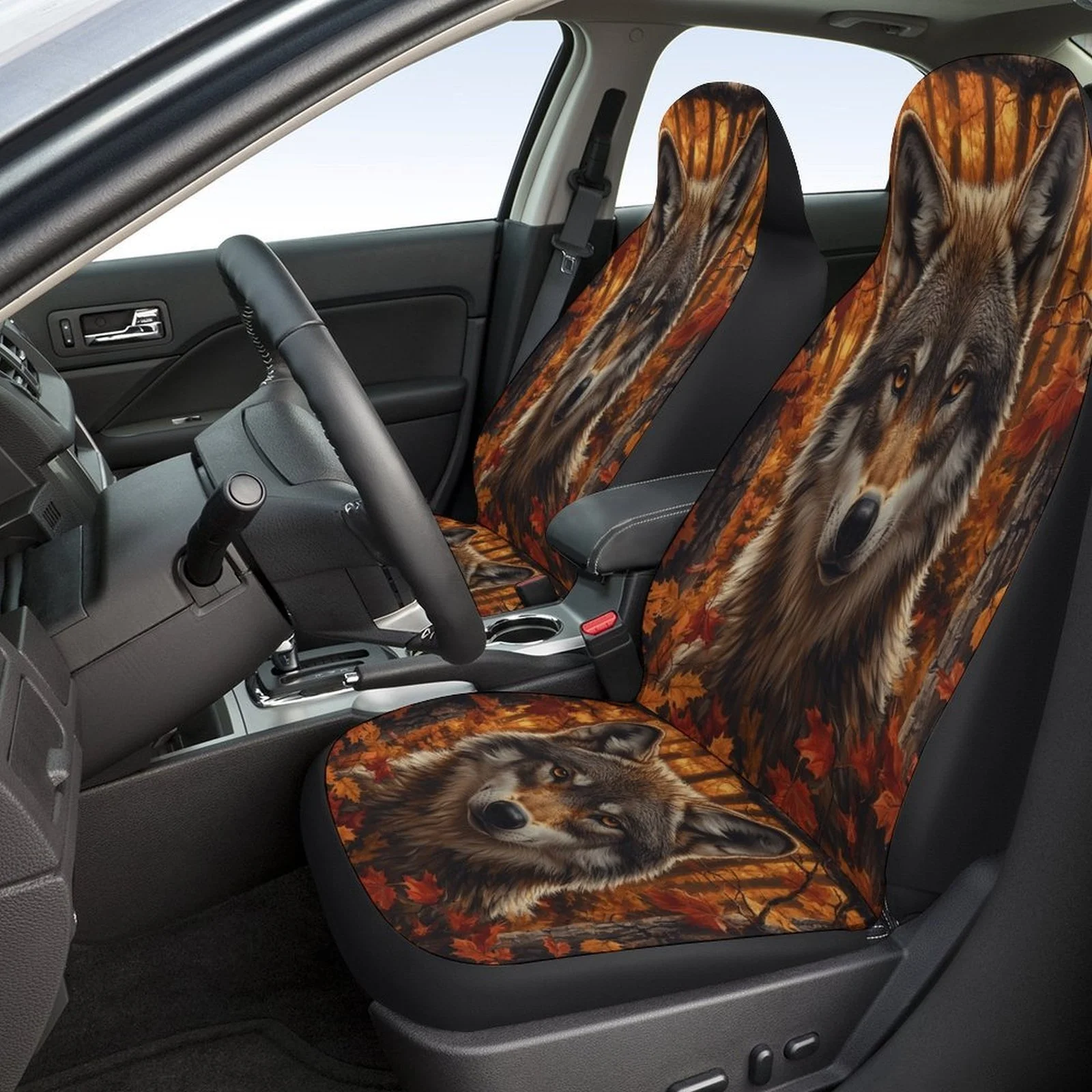 Autumn Wolf Themed Car Seat Cover Set - Trendy High-Quality Polyester Full Set For 2 Front & Rear Seats, Fashionable Animal Prin