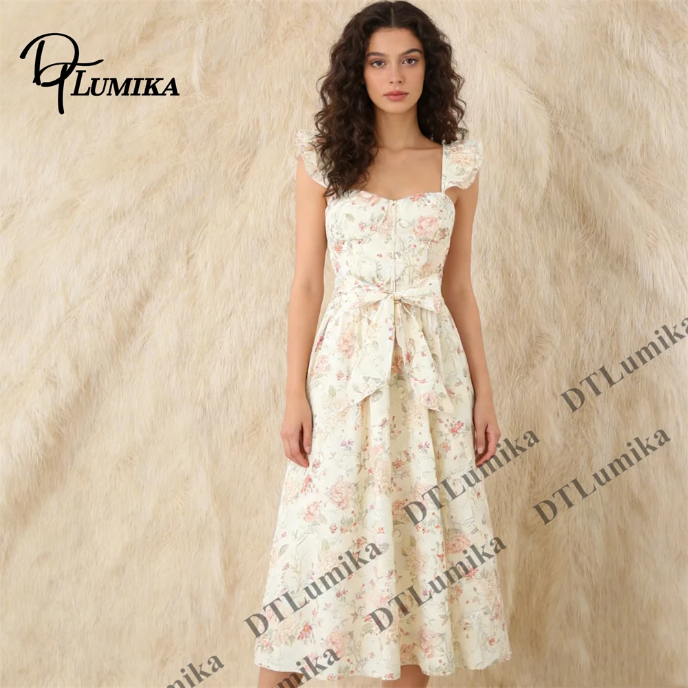 

DTLumika - Flare Sleeves Summer Dress for Women A Line Beach Holiday Long Dress Sweet Floral Dress Mid-Calf Party Club Gown