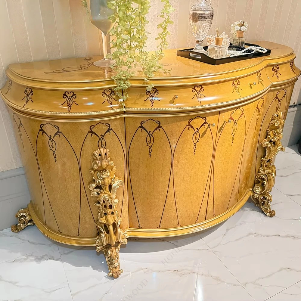 Villa Luxury Residence Oval Wooden Edge Cabinet Gold Carving Luxury Classic Style Entrance Cabinet