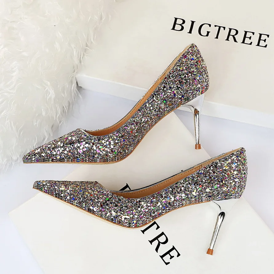 Sexy Nightclub Slim High Heels Women's Shoes Slim Heels High Heels Fashion Shining Sequin Single Shoes