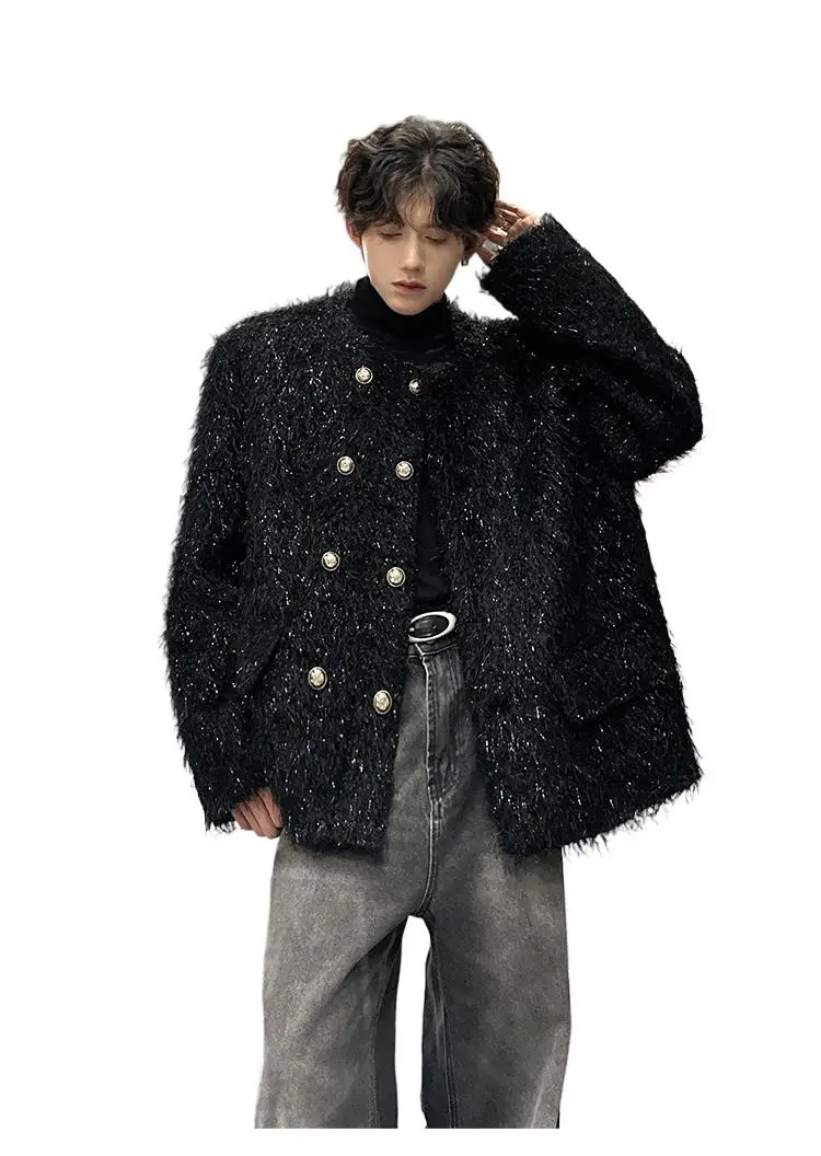 Men's Double-breasted Woolen jacket Cardigan Autumn Winter Trend Collarless Jacket Fashion Korean Style Chic Elgance Coat