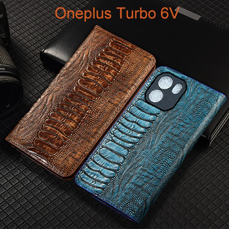 Ostrich Pattern Genuine Leather Flip Case For Oneplus Turbo 6 6V Phone Cover Card Cases Scratch Proof
