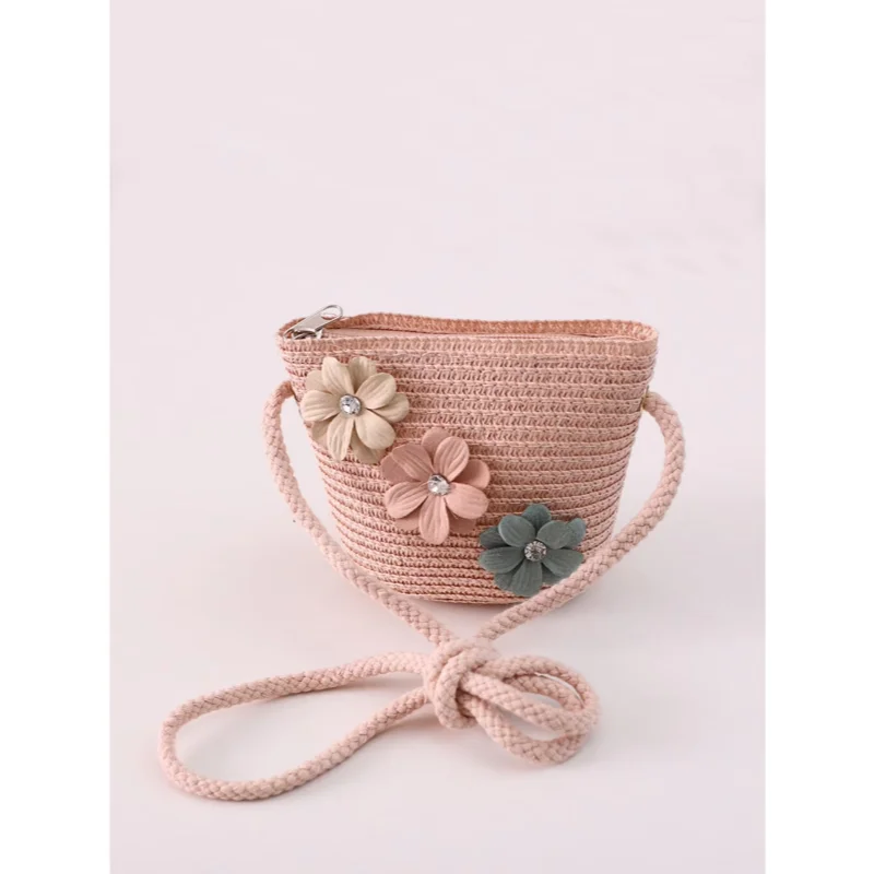 Fashion Cute Kids Mini Straw Woven Bag, Children Flower Bucket Crossbody Bag, Casual Vacation Beach Shoulder Handbag
