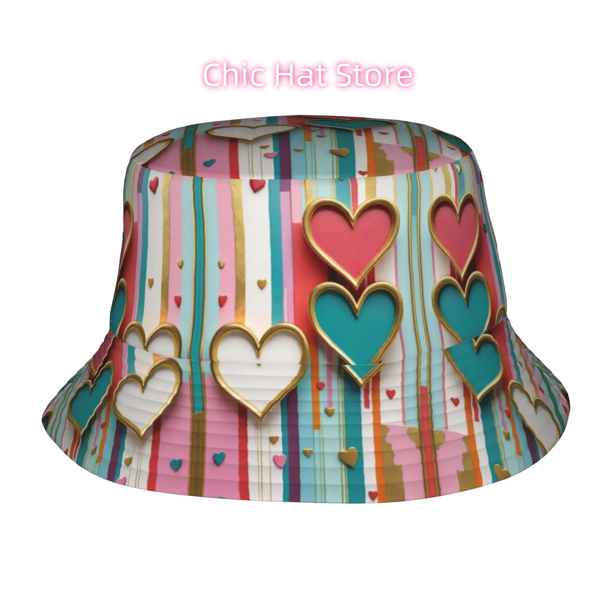 This Gold-Framed Heart Art Bucket Hat Is Fully Printed And Makes a Stylish Unisex Outdoor Sun Hat, Ideal for Parties, Birthdays,