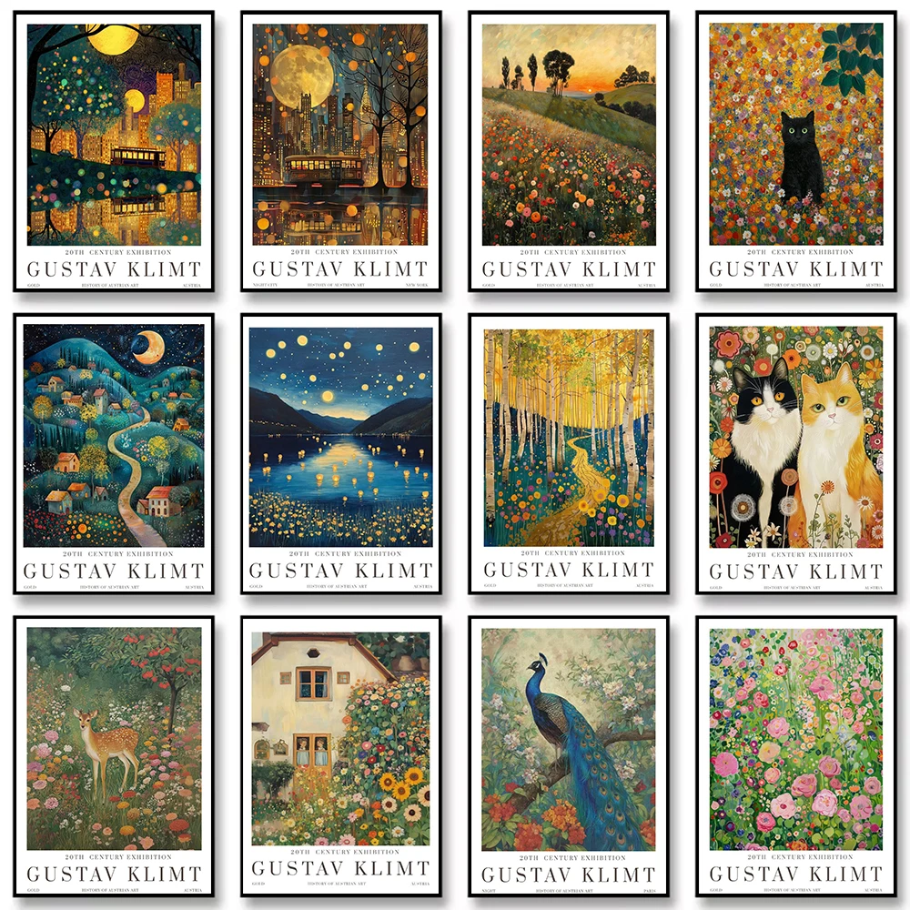 Gustav Klimt Vintage Golden Moon Floral Animal deer Peacock Canvas Painting Wall Art Poster Picture Home Decor Mural Cuadros