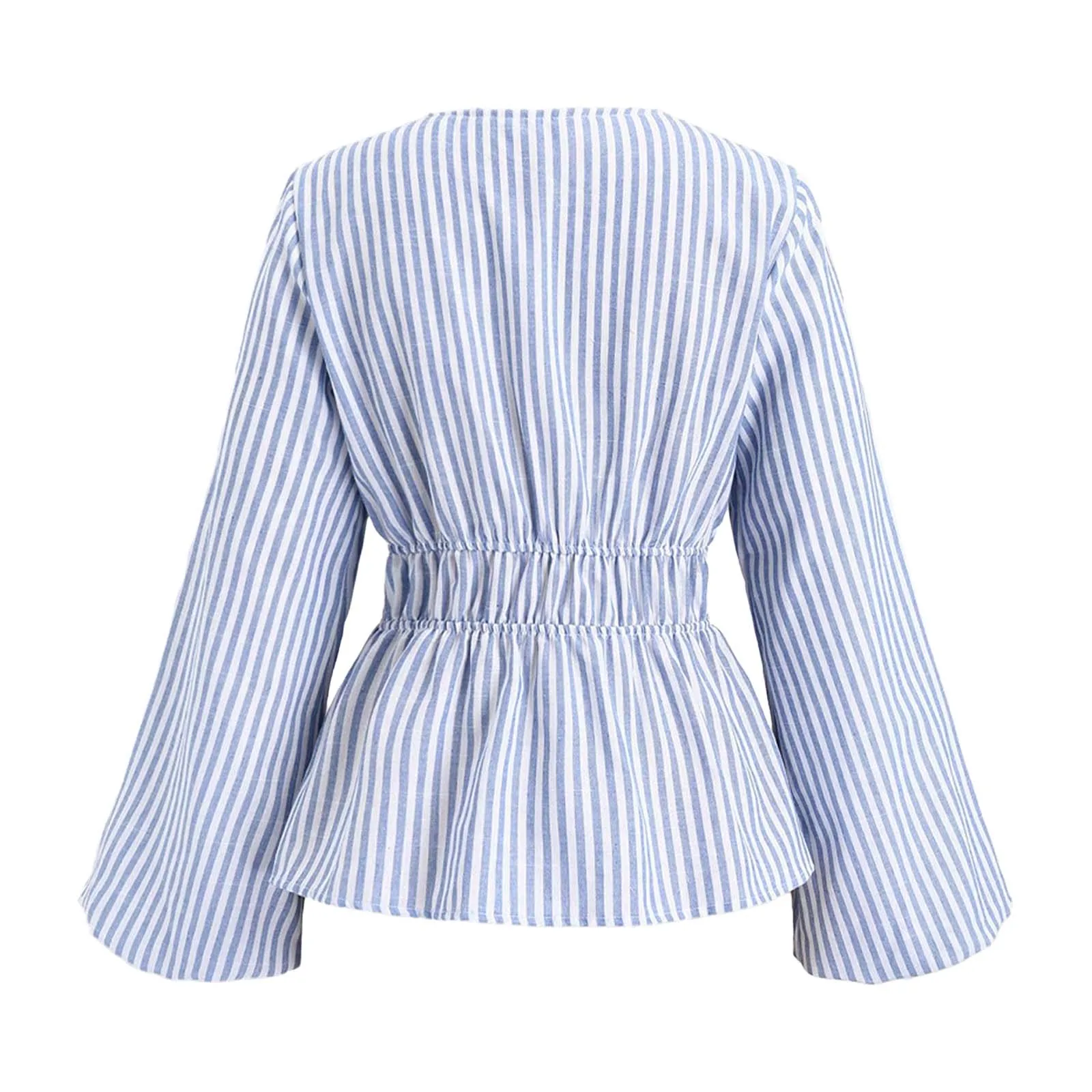 Womens Striped Lace-up Shirt Top Front Open with Double Tying Long Sleeve V Neck Blouse Top for Office Work Daily Vacation