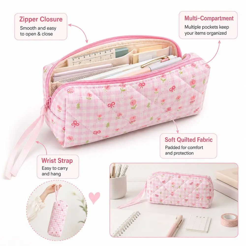 Floral Pattern Pencil Case Zipper Closure Wrist Strap Pencil Pouch Bow Pattern Multi-Compartment Stationery Case