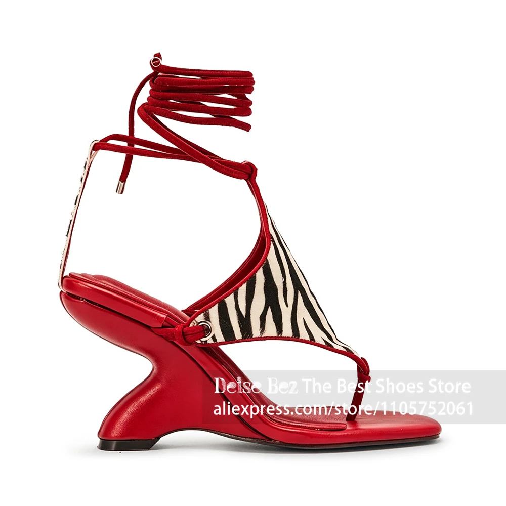 Zebra Print Lace up Sculptural Heel Sandals Black White Stripe Thong Toe Ankle Tie Wedge Sandals Strappy Curved Heel Women Shoes