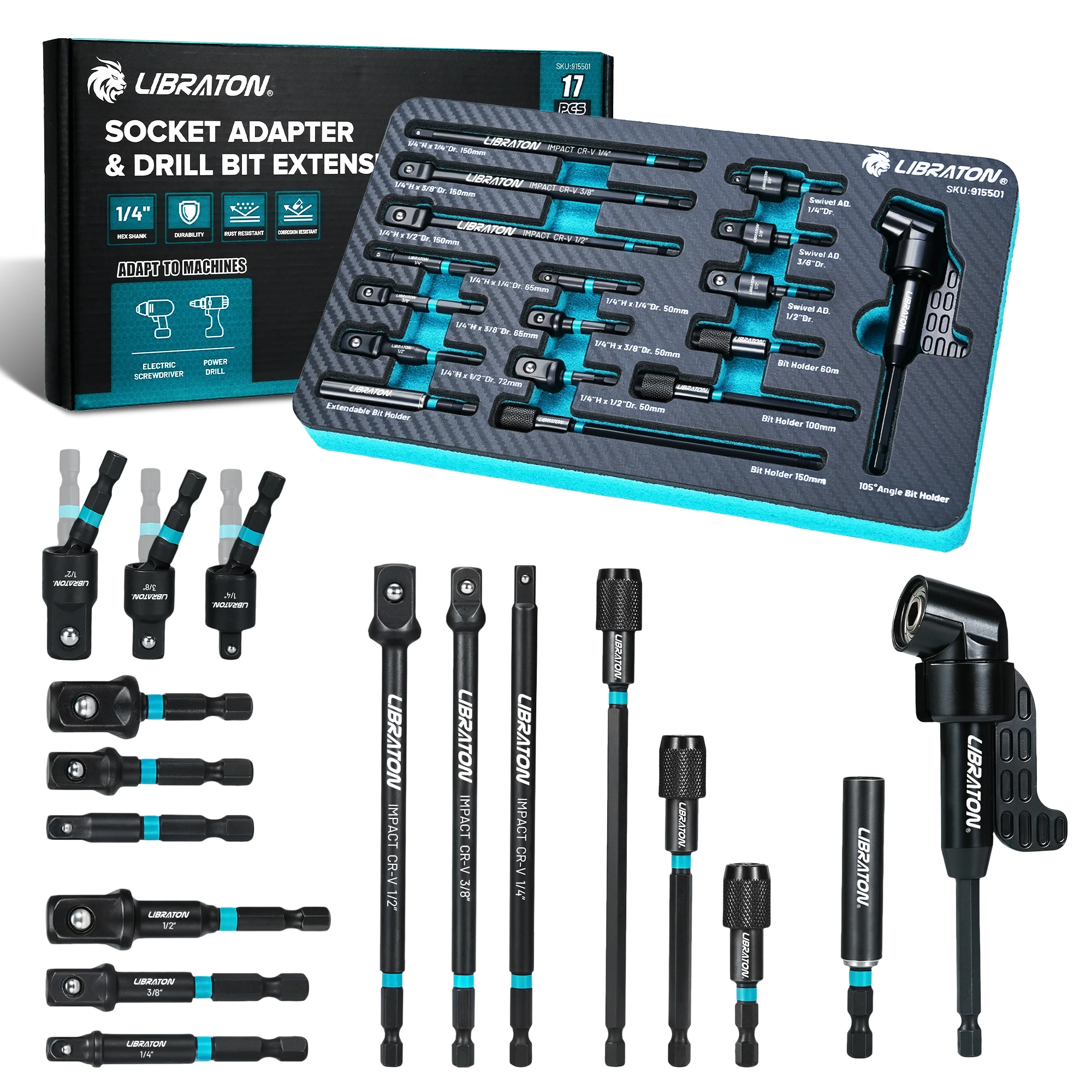 LIBRATON 17PCS Impact Socket Adapter Set, 1/4